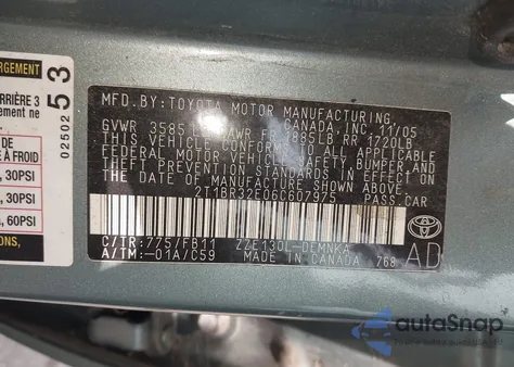 2006 Toyota Corolla Le z USA, uszkodzony, nr VIN 2T1BR32E06C607975